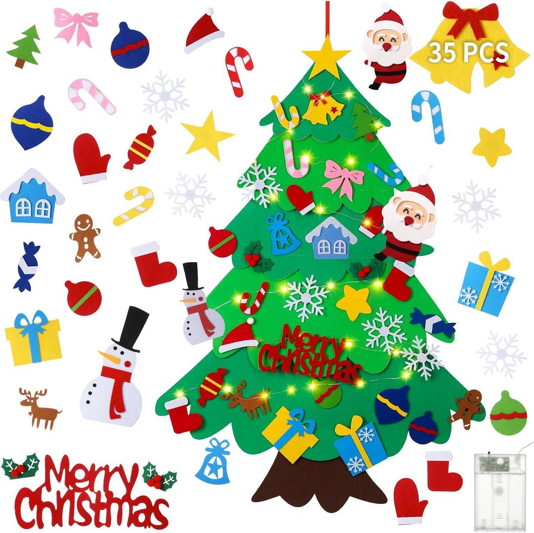 DIY Felt Christmas Tree for Toddlers 3.6ft with 35 Detachable Decorations, Christmas Decorations with String Light (Batteries Not Included), Wall Hanging