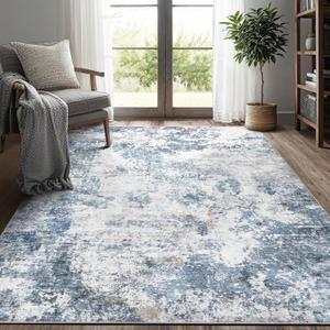 Living Room Area Rugs - 5x7 Abstract Large Soft Indoor Washable Rug Neutral Modern Low Pile Carpet for Bedroom Dining Room Farmhouse Home Office - Blue