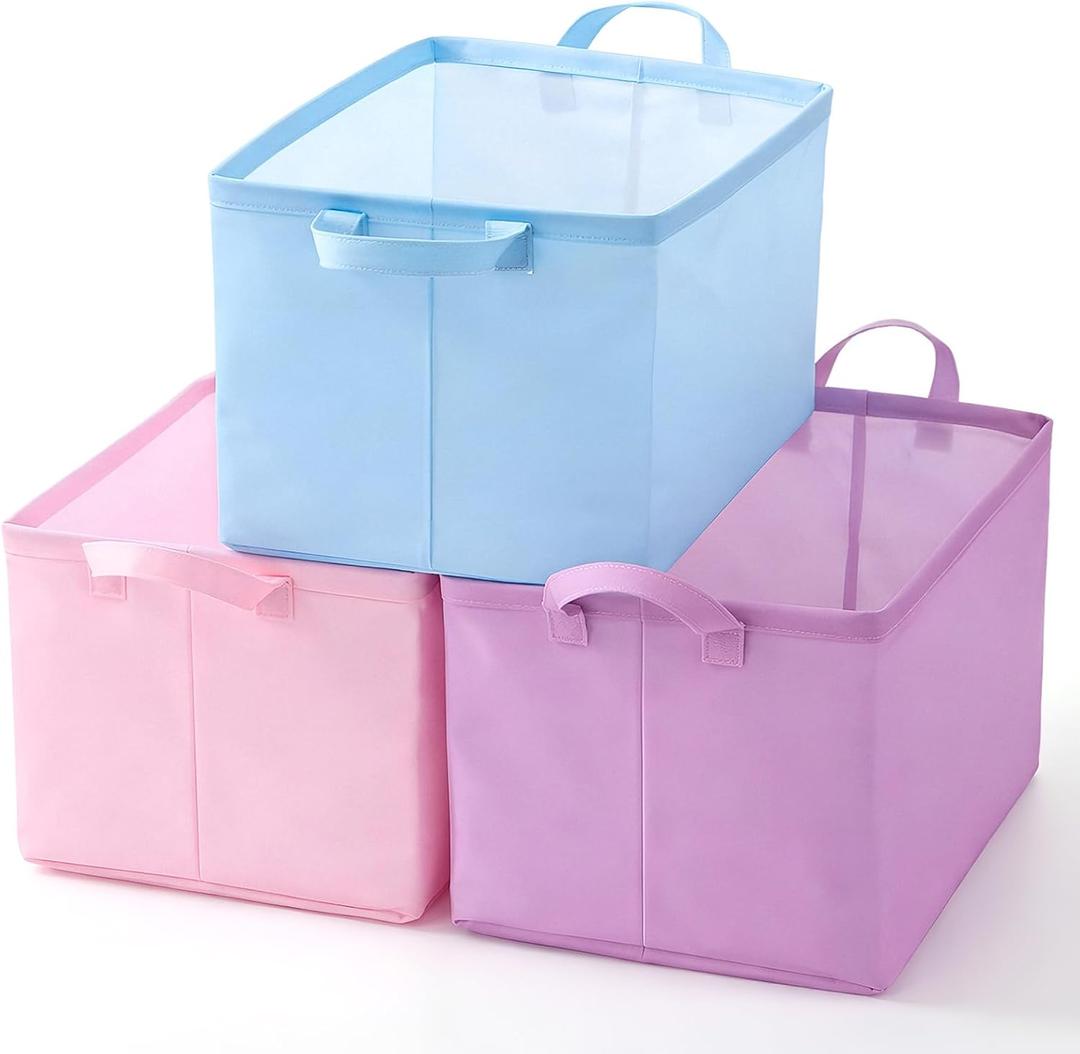 Wonderjune 3 Pcs Storage Basket Foldable Gift Baskets Rectangle Xmas Storage Bin Organizer Box with Handle for Family Cloth Toy Gifts (Unicorn Color)