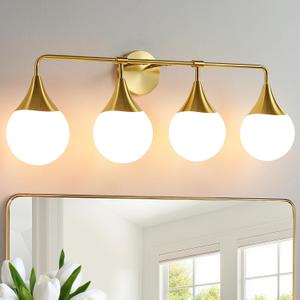 Bathroom Vanity Light Fixtures: 4 Lights Mid Century Modern Bathroom Lighting Fixtures Over Mirrors - Brass Gold Wall Sconce with Milky Glass Ball Shades for Bath Bedroom