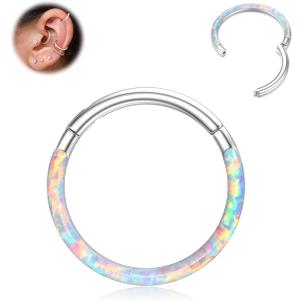 BodyBonita Hinged Opal Nose Rings Hoops - 16G 316L Surgical Steel Hinged Hoop Nose Rings for Women Conch Piercing Jewelry Helix Daith Cartilage Earring White Opal 10 mm Silver