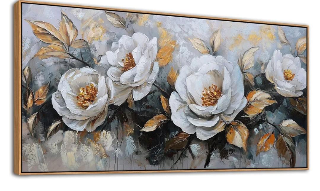 HKDGOKA Large Vintage Canvas Wall Art, White Gold Peony Flowers Paintings Abstract Floral Golden leaves Framed Artwork Picture for Living Room Bedroom Kitchen Home Office Decor 24x48 IN