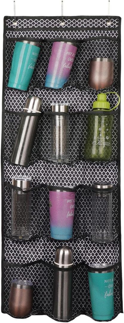Water Bottle Organizer over the Door Cup Holder with 12 Large Pockets and Reinforced Bottom Tumbler Organizer Clear Mesh Cup Storage for Kitchen Pantry Cabinet Door Wall 41"17"