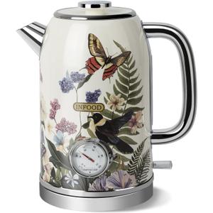 INFOOD Retro Electric Kettle 1.8L/60.8oz with Thermometer - 1200W Fast Boiling Stainless Steel Tea Kettle with Water Level, BPA-Free, Auto Shut-Off, Boil-Dry Protection, Vintage Floral Design