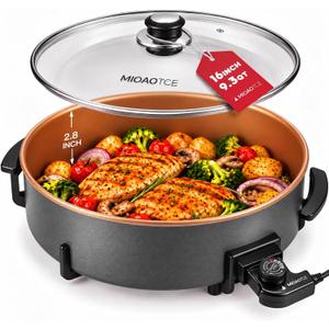 16" Extra Large Electric Skillet with lid, Nonstick Coating Electric Frying Pan, 1500W Quick & Even Heating, 5 Adjustable Temperature Control, Tempered Glass Lid & Cool-Touch Handles