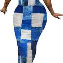 PINSV Women's Casual Bodycon Maxi Dress Summer Scoop Neck Short Sleeve Long Fitted Dresses Club Party Blue Checkered Print L