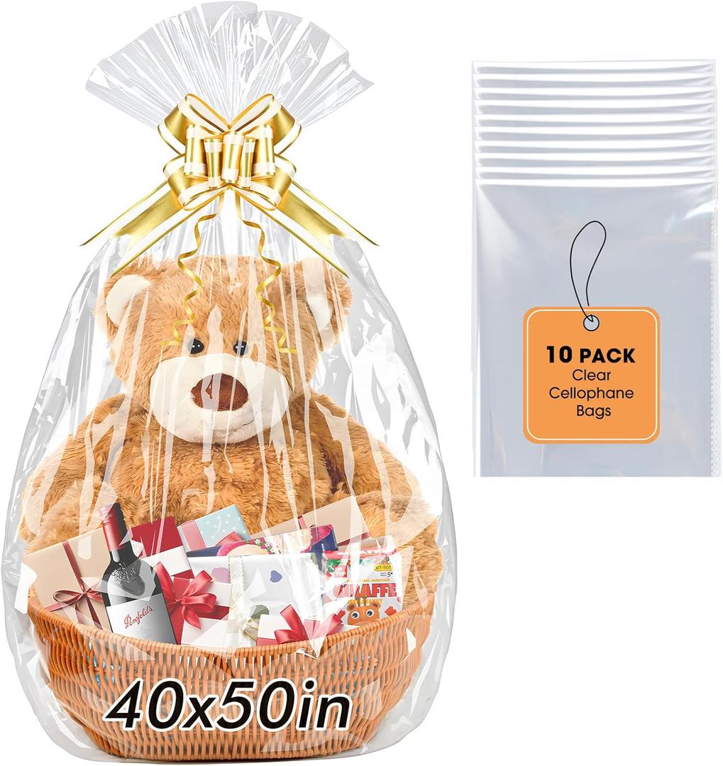 Yuiicaov 10PCS Extra Large Cellophane Bags, 40x50 Inches Clear Cellophane Wrap for Gift Baskets, Jumbo Huge Clear Gift Bags, Packaging 2.8 Mil Thick