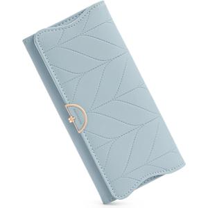 Leather Wallet for Women Trifold Womens' RFID Blocking Wallet Card Holder Purse Clutch with Zipper Coin Pocket,Light Blue