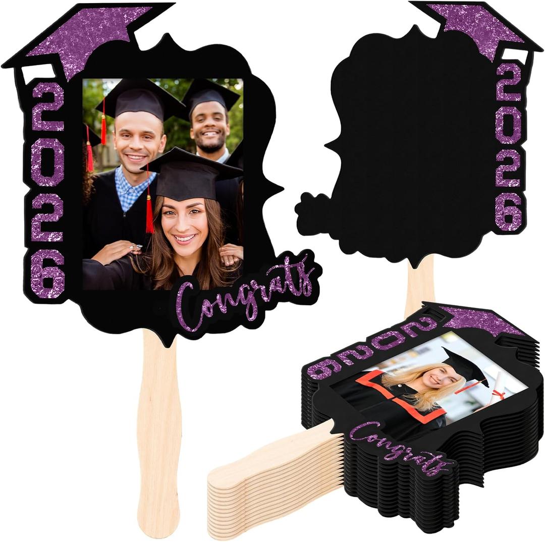 24 Pcs Custom Graduation Cutout Face Fans with Handle Double Sided Grad Party Supplies Class of 2026 Grad Photo Props Blank DIY Photo Frame for Graduation Party Souvenirs(Purple)