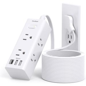 15Ft Extension Cord with Multiple Outlets, Flat Plug Power Strip Surge Protector with 15 Ft Long Cord, 6 Outlet 3 USB Ports (1 USB C), Multi Outlet Wall Plug for Travel, College, Dorm Room Essentials (White)