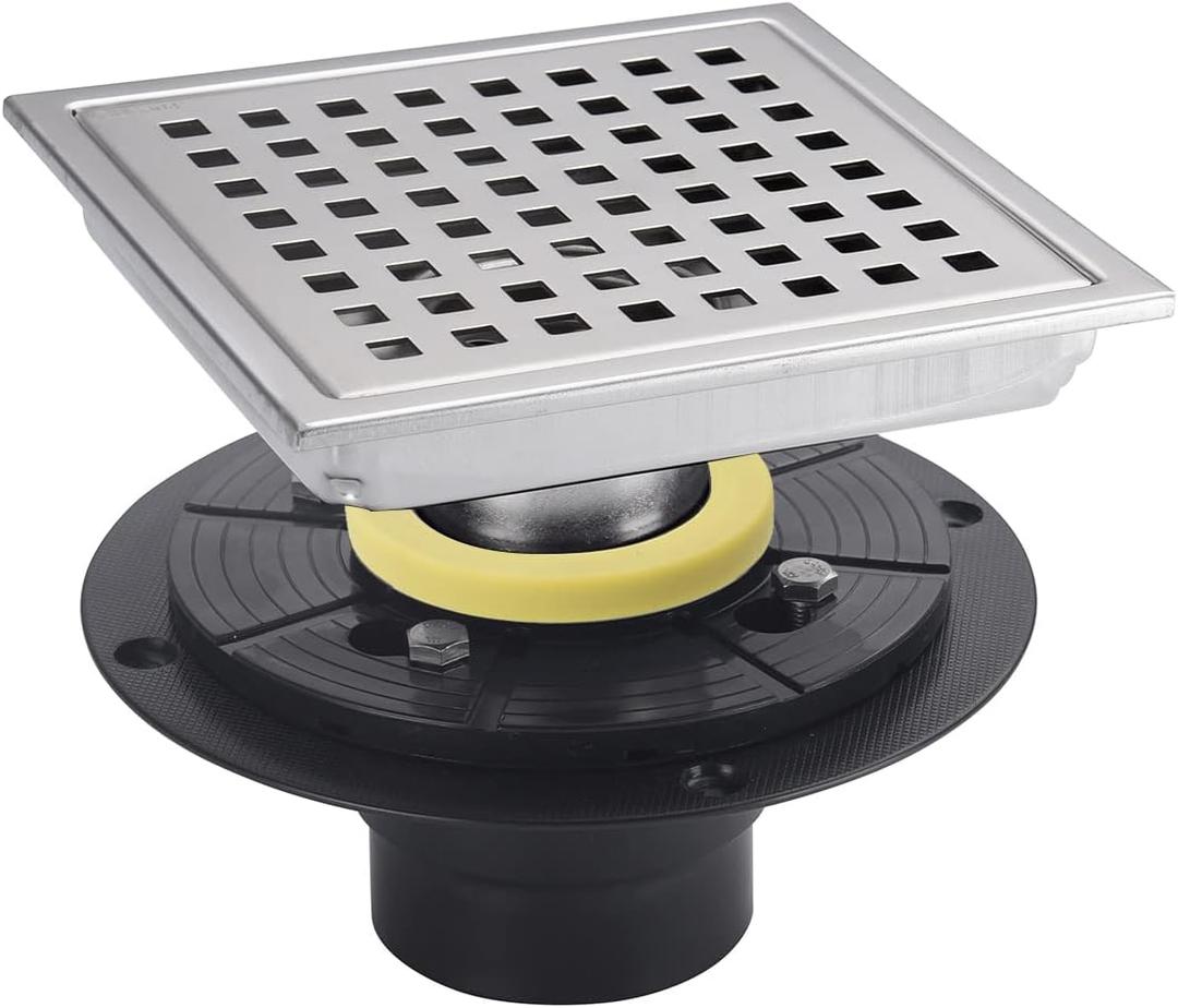 Brushed Nickel Shower Drain 6 inch Square Grille Cover kit with Flange 304 Stainless Steel