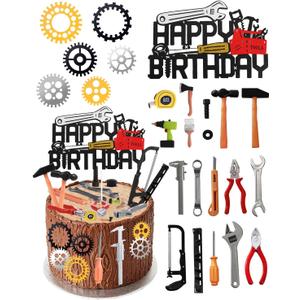24 Pack Construction Tools Cake Toppers Wrench Hammer Screwdriver Drill Plier Handsaw Tape Measure Gear, Birthday Labor Day Party Supplies for Boys & Men