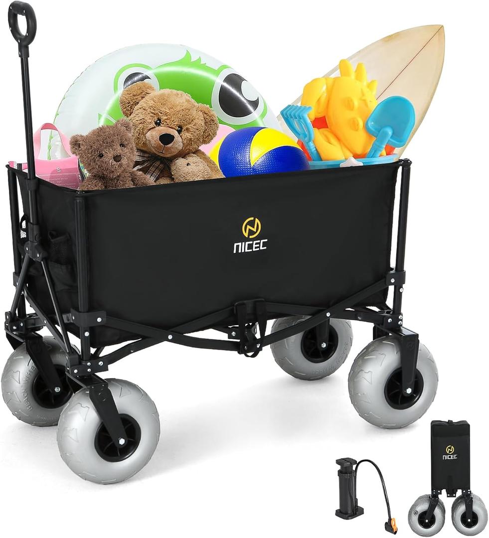 Nice C Beach Wagon, Heavy Duty Folding Utility Cart with 9" Balloon Wheels for Sand, 220 lbs Capacity, Adjustable Handle, Collapsible Beach Cart for Camping, Picnic, Outdoor, Groceries