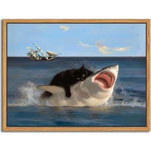Floating Framed Black Cat Wall Art, Funny Quirky Cat and Shark Pictures Canvas Print, Abstract Black Cat Shark Posters Wall Decor for Room Bedroom Living Room Bathroom Aesthetic 20x20 inch