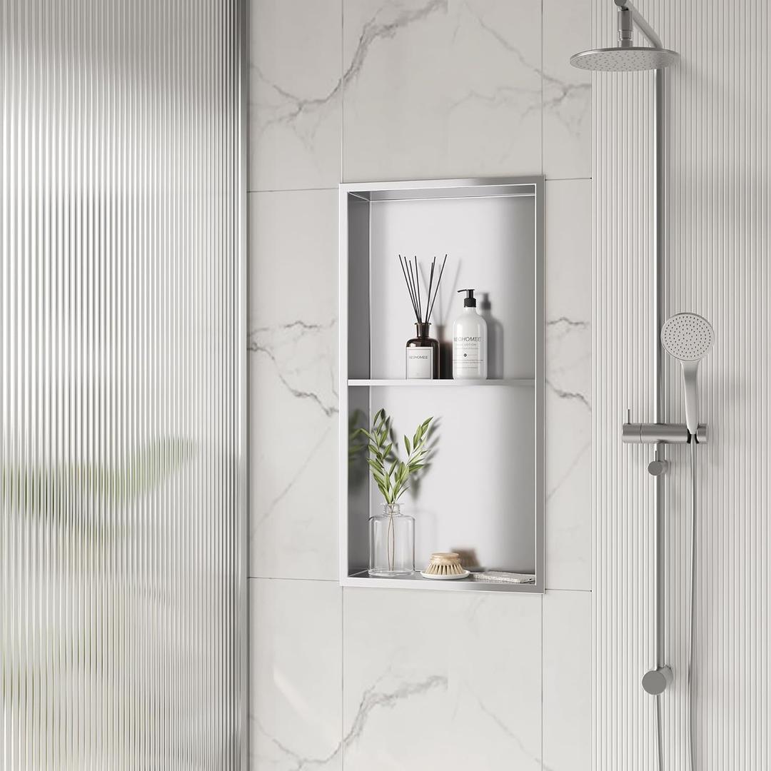 Neodrain No Tile Shower Niche, Stainless Steel Wall Niche 13.1"X25.1"(Inner Size 12"X24"), Two-Tier Bathroom Shelf Waterproof Cubby, NO Tile Needed Recessed Cabinet for Bathroom Storage (Brushed)