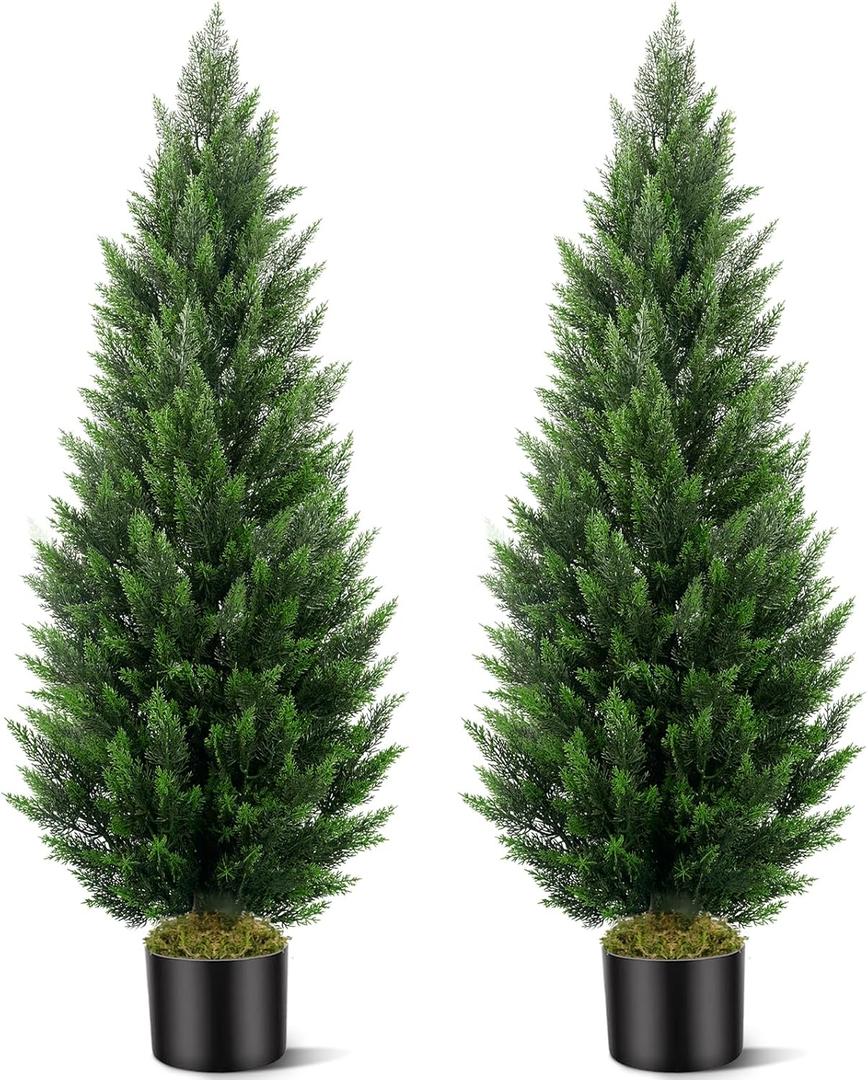Artificial Topiary Cedar Trees 5FT Tall 2 Set, Outdoor Indoor Faux Pine Shrubs Plants, Realistic Fake Plants Front Porch Decor, Artificial Bushes Cypress for Home Front Door Offices