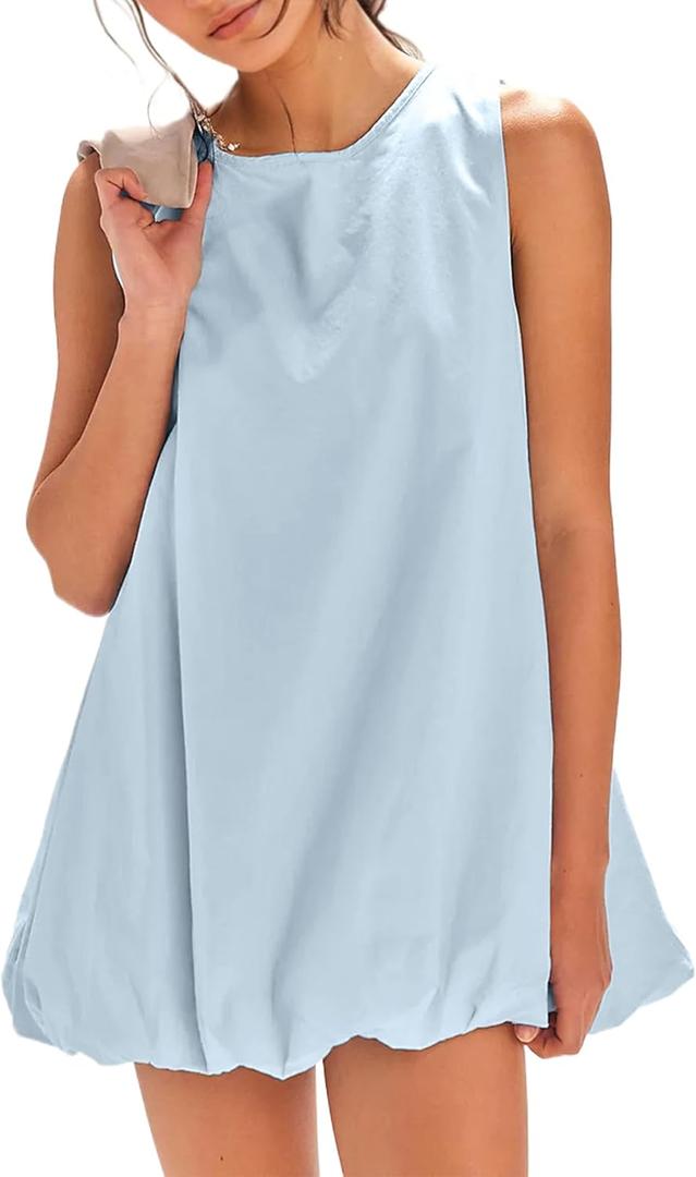 Summer Bubble Mini Dress for Women Sleeveless Crew Neck Causal Short Dress Tie Back Solid Tank Sundress with Pockets Blue (Blue, L)