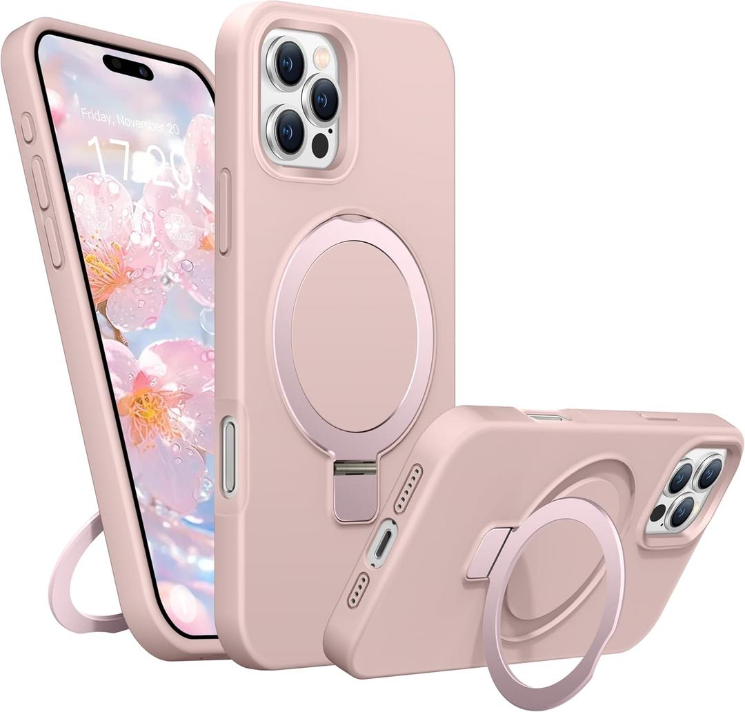 Liquid Silicone Case for iPhone 16 Pro Max with Magnetic Ring Stand, Military Grade Shockproof Protection, Anti-Scratch Microfiber Lining Covers for iPhone 16 Pro Max, Pink