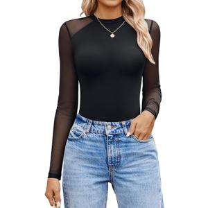 Avidlove Women Long Sleeve Bodysuit Crew Neck Body Suits Mesh One Piece Leotards Shirt Going Out Bodysuit Tops (X-Large, Black)