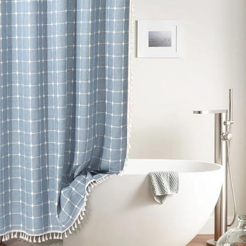 WEGOMA Boho Bathroom Shower Curtain Rustic Farmhouse Shower Curtain Set with 12 Hooks Modern Rustic Shower Curtain Trim with Tassels -Blue-72 X 72