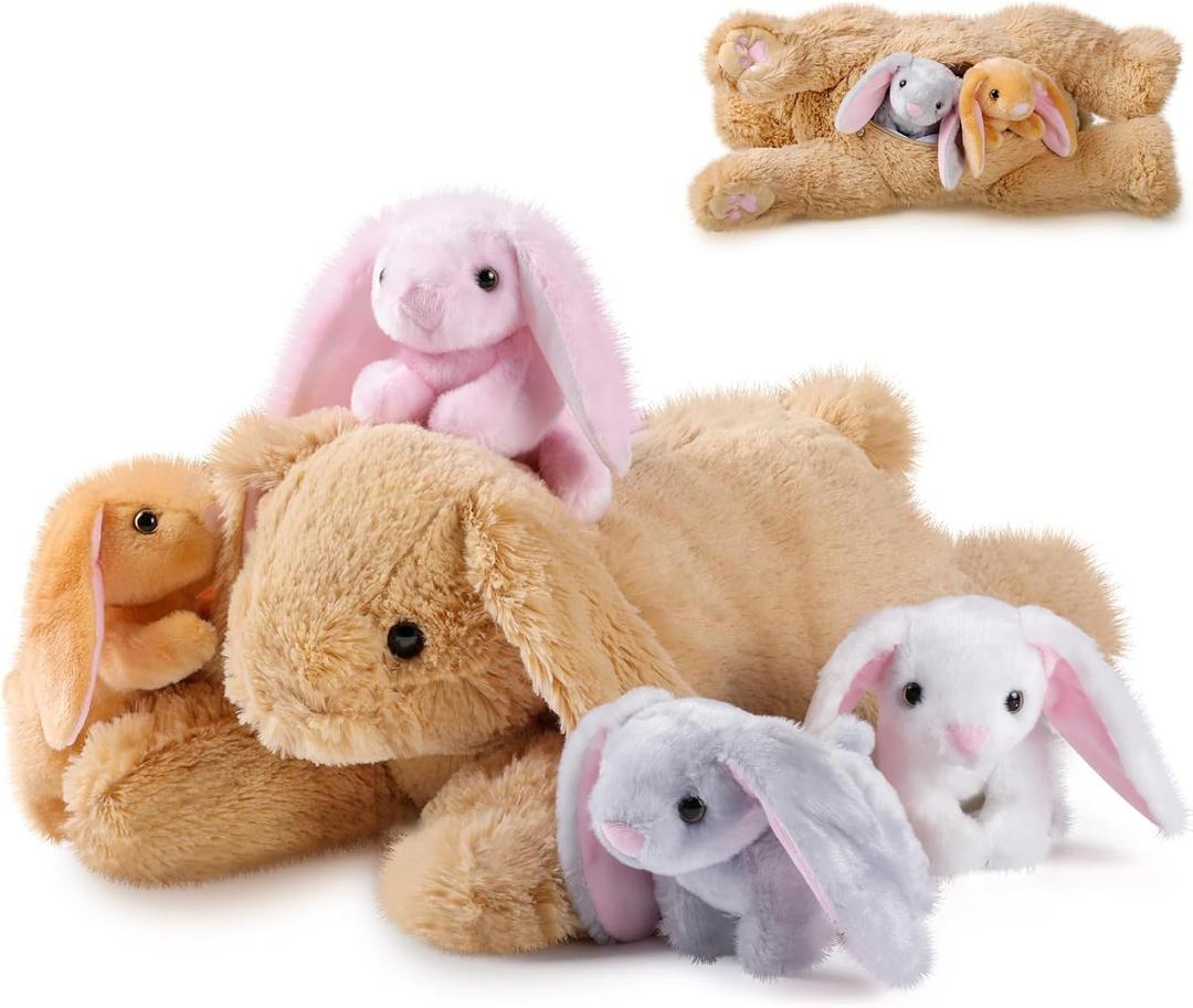 Sratte 5 Pcs Bunny Stuffed Animal Set Large Mommy Bunny Plush with 4 Cute Stuffed Baby Rabbit in Her Belly Soft Cuddly Rabbit Plush Gift for Birthday Baby Shower Party Favor (Brown, Lying Style)