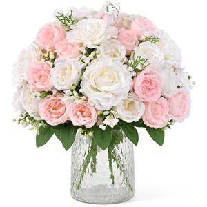 Yastouay 4 Bouquets Peonies Artificial Flowers, Mixed Pink & White Fake Peonies with Large Bloom, Silk Peony Flowers Faux Peony Bouquet for Wedding Centerpieces, Table, Vase & Home Decor