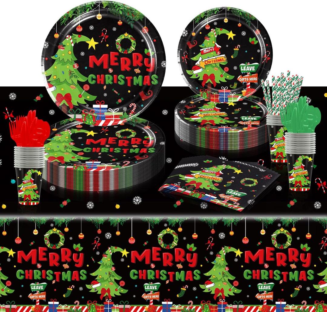 Christmas Novelty Party Tableware Set  Serves 25 Holiday Party Supplies, Disposable Plates, Tablecloth, Cups, Forks, Spoons, Knife, Napkins Dinnerware Utensils for Black Winter New Year Party