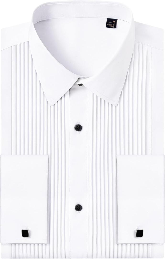 J.VER Tuxedo Shirts for Men French Cuff Dress Shirt with Metal Cufflinks Formal Business Pleated Shirt for Prom Wedding Party (Small, White)