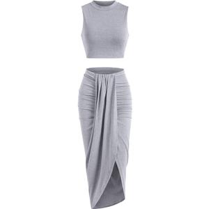 ZAFUL Women's Casual Sleeveless Summer Two Piece Outfits Crop Top and Side Split Draped Ruched Maxi Skirt Set Solid Suiting (Medium, B-gray)
