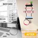 Yoga Mat Holder Wall Mount, Yoga Mats Rack with Double Floating Shelves, Yoga Accessory Storage Rack with 5 Hooks for Resistance Bands and Workout Equipment for Home Gym Storage, Black