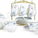 fanquare 15 Piece Blue Rose Porcelain Tea Set, British Floral Teapot with Tea Cups, Women Tea Party Set for 6
