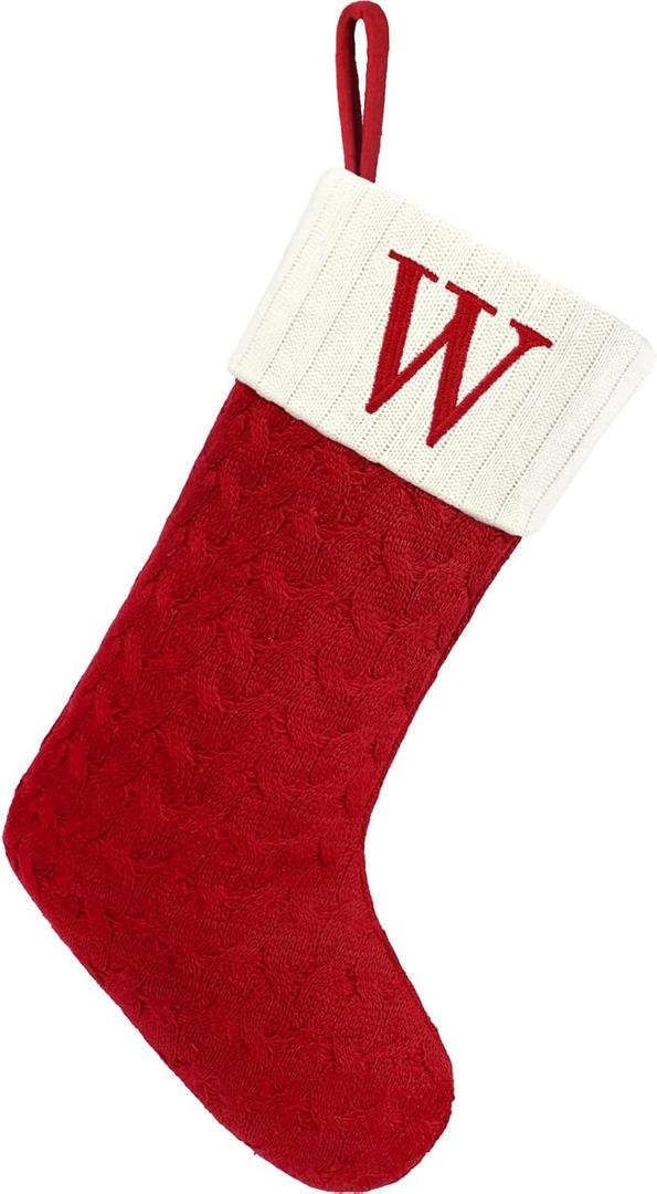 Christmas Stockings with Initials,20 Inches Large Knit Embroidered Letter Red White Christmas Stocking,Monogram Christmas Stocking for Famliy Holiday and Xmas Tree Fireplace (Letter W)