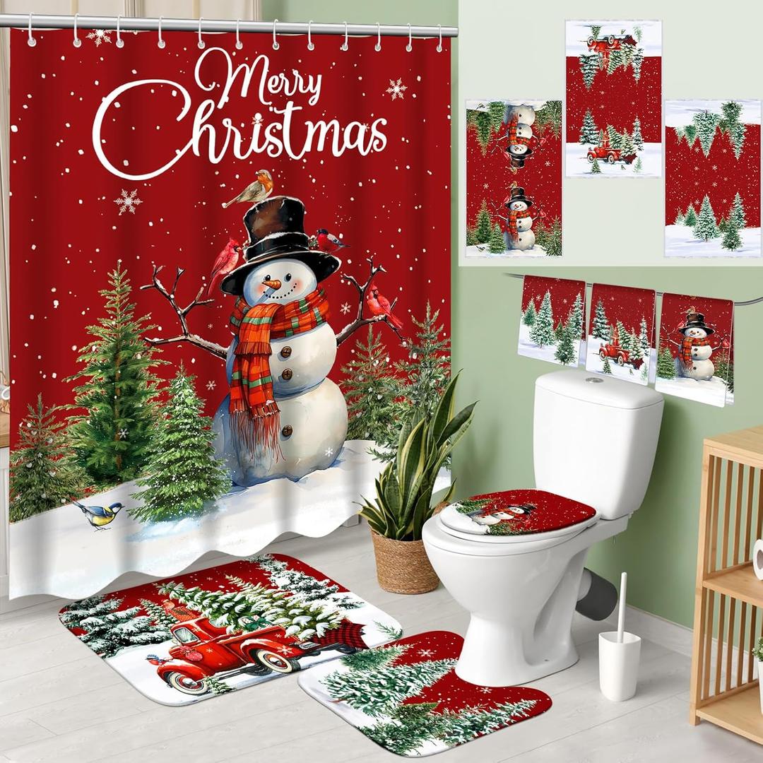 Vesici 7 Pcs Christmas Shower Curtain Set Merry Christmas Bathroom Curtain Non Slip U Shape Rugs Toilet Seat Cover Mat and 3 Towels Waterproof Watercolor Xmas Winter Bathroom Accessories