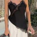 Women Lace Trim Satin Tank Top V Neck Silk Camisole Tops Asymmetrical Backless Spaghetti Strap Tank Cami Shirts Size M