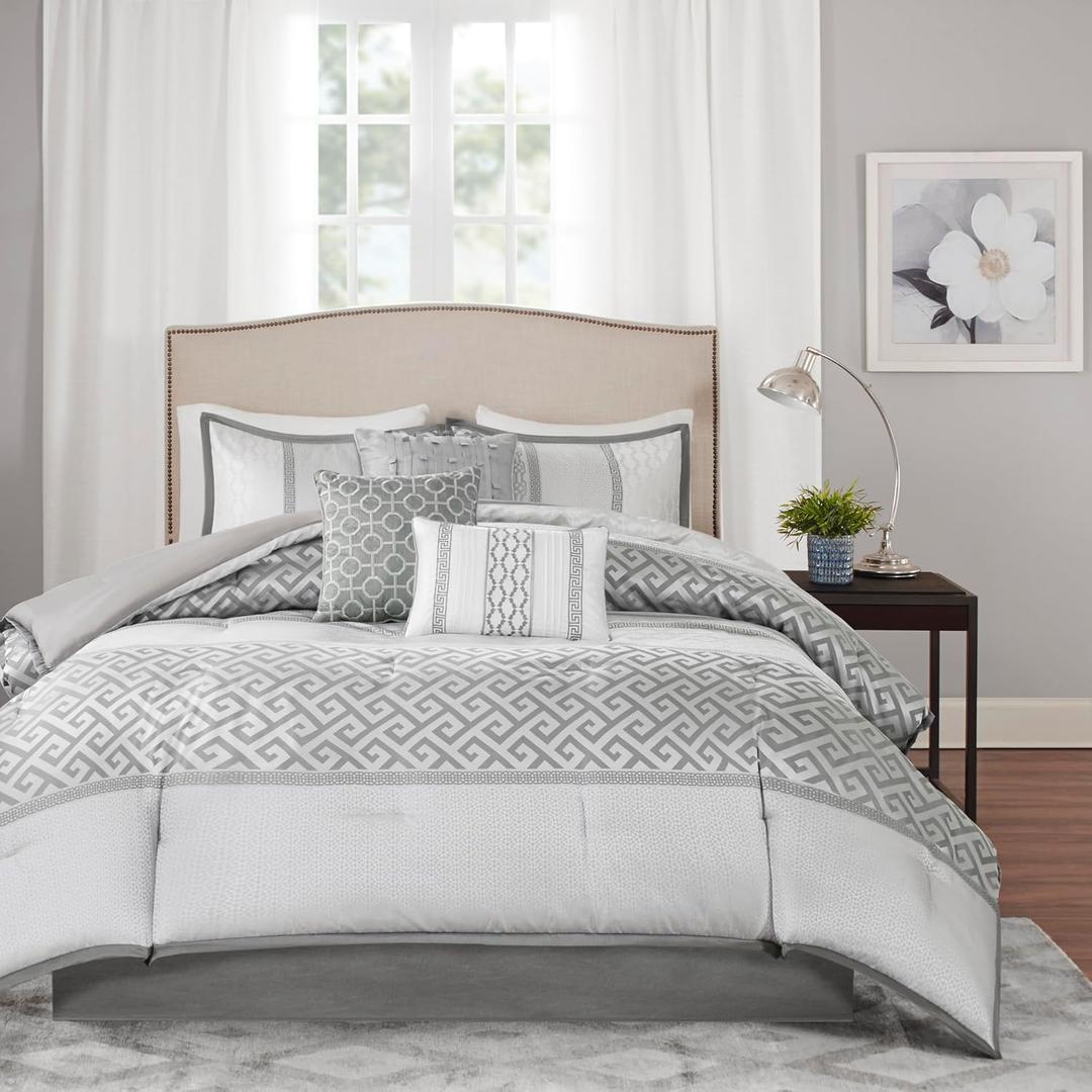 Madison Park Luxury Comforter Set-Traditional Jacquard Design All Season Down Alternative Bedding, Matching Bedskirt, Decorative Pillows, Cal King(104"x92"), Bennett, Geometric Grey 7 Piece