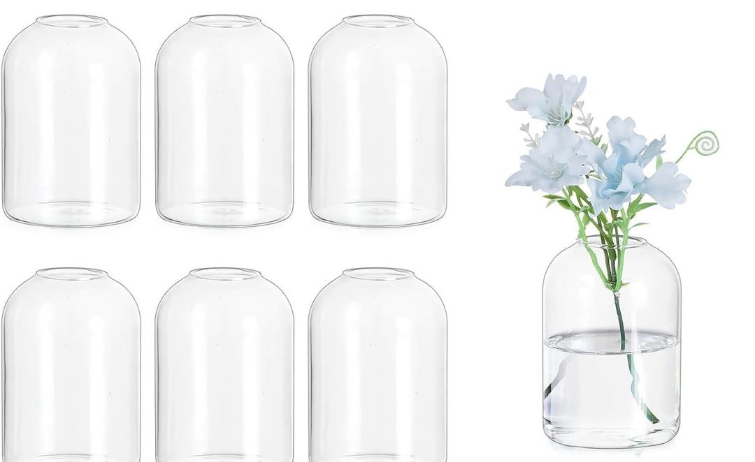 Hewory Glass Bud Vases for Centerpieces: Set of  6  Blown Clear Small Vase Bulk, Mini Cute Flower Vase for Floral Arrangement, Modern Decorations for Wedding Party Event Table Decor, 3.7"(H)2.75"(D)