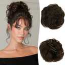 RUWISS Claw Clip Messy Bun Hair Piece Real Human Hair Buns Wavy Curly Chignon Hair Bun Extensions Tousled Updo Ponytail Hairpieces Hair Scrunchie with Clip for WomenBrown (40g)