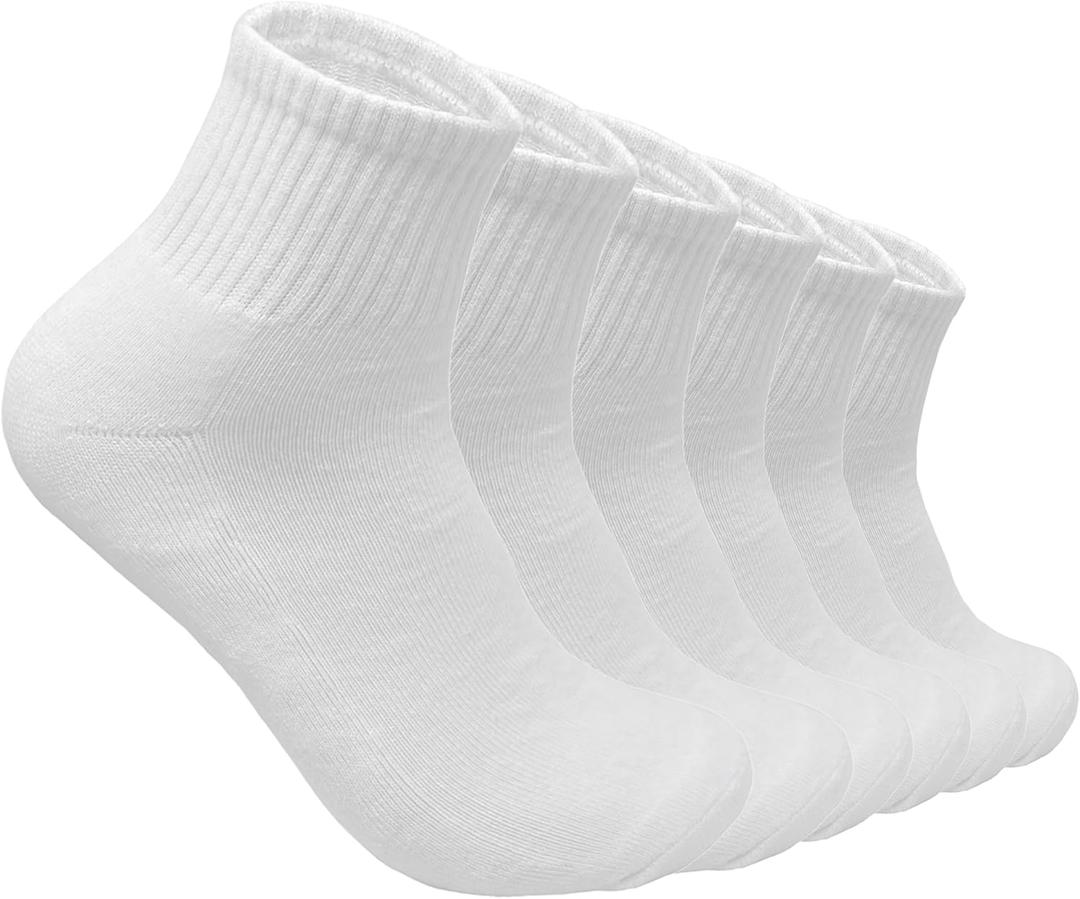 Glory Max 6 Pairs Men Cotton Solid Athletic Ankle Quarter Socks with Cushioning (10-13, White)