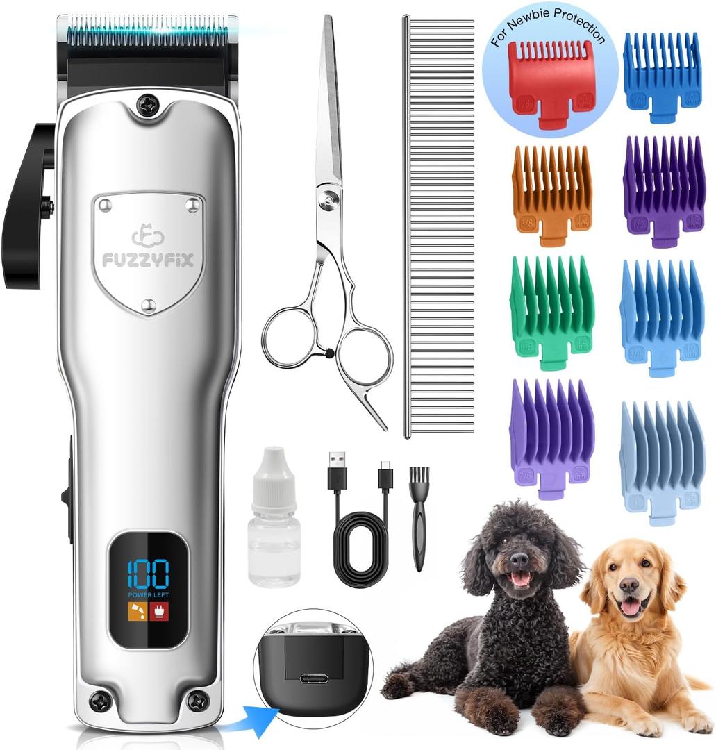 Dog Clippers for Grooming for Thick Heavy Coats, Professional Low Noise Dog Grooming Clippers Supplies Kit Rechargeable Stainless Steel Hair Trimmer with Ceramic Blade for Dogs Cats Pet (Silver)