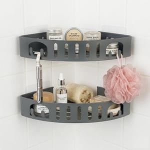 Adhesive Corner Shower Shelf No Drill | Rust-Proof Aluminum Alloy Stick On Bathroom Organizer with Shaving Holder for Shampoo, Conditioner, Soap, Razors Grey 2 Pack