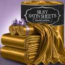 DECOLURE Satin Bed Sheets - 4 Piece Luxury Silky Queen Size Bedding Set - Softer Than Silk, Wrinkle-Free with 15” Deep Pocket Fitted Sheet, Perfect for Hair & Skin, Gifts for Women (Gold)