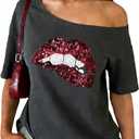 Women's Off Shoulder Tops Sequin Y2k Tops 2026 Spring Tshirts Skeleton Graphic Tees 80s 90s Outfits Going Out Clothes, XL, Grey 