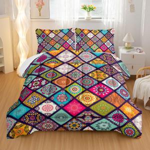 Nttopship Polychrome Bohemia Comforter Sets King Size, Rhomboid Forms Pattern Bedding Set for Your Room, Abstract Soft Lightweight Quilted Set All Season 1 Comforter and 2 Pillowcases
