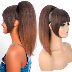 Ponytail Extension with Bangs for Black Women Yaki Straight Drawstring Ponytail with Bangs for Women Synthetic Hairpieces 16 inch Clip in Ponytail Extension for Daily Use(T30)