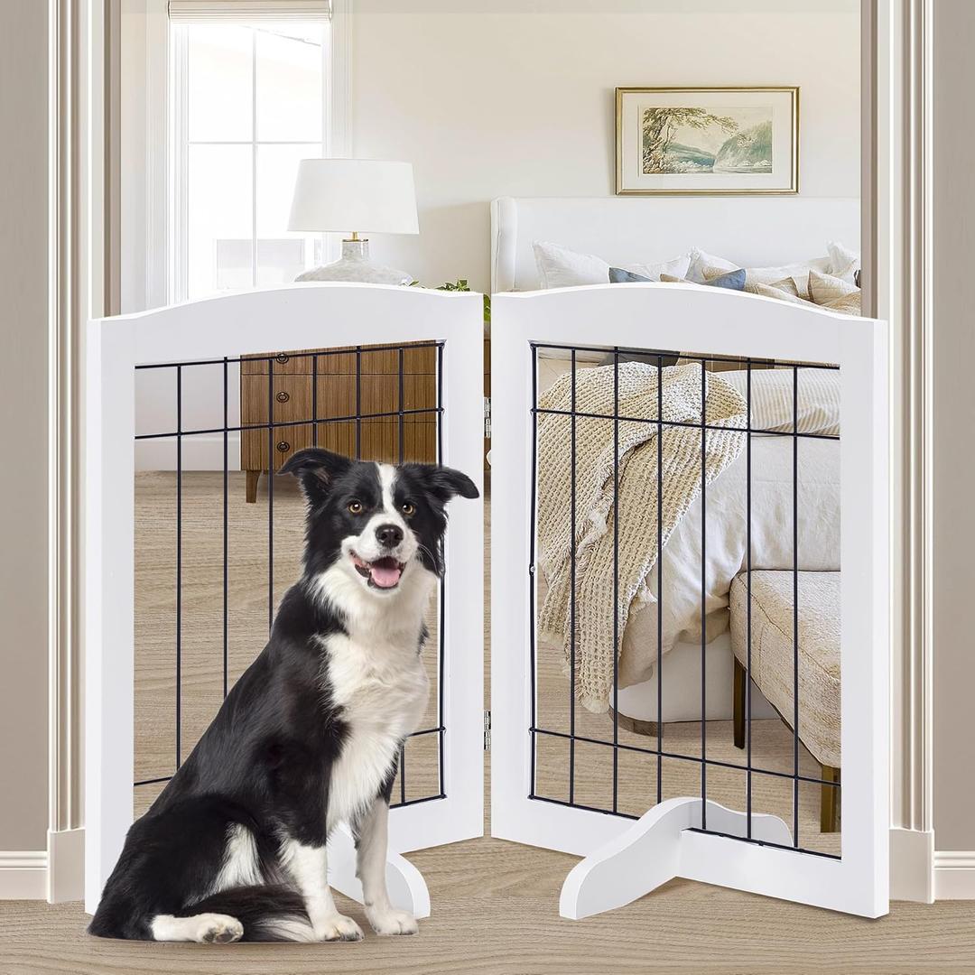 LZRS 2-Panel Freestanding Adjustable Wooden Dog Gate30 Tall Foldable Pet Barrier with Support Feet, Solid Hardwood & Chew-Resistant Steel Wire for Doorways, Hallways, and Stairs, White (30"Height-2 Panel)