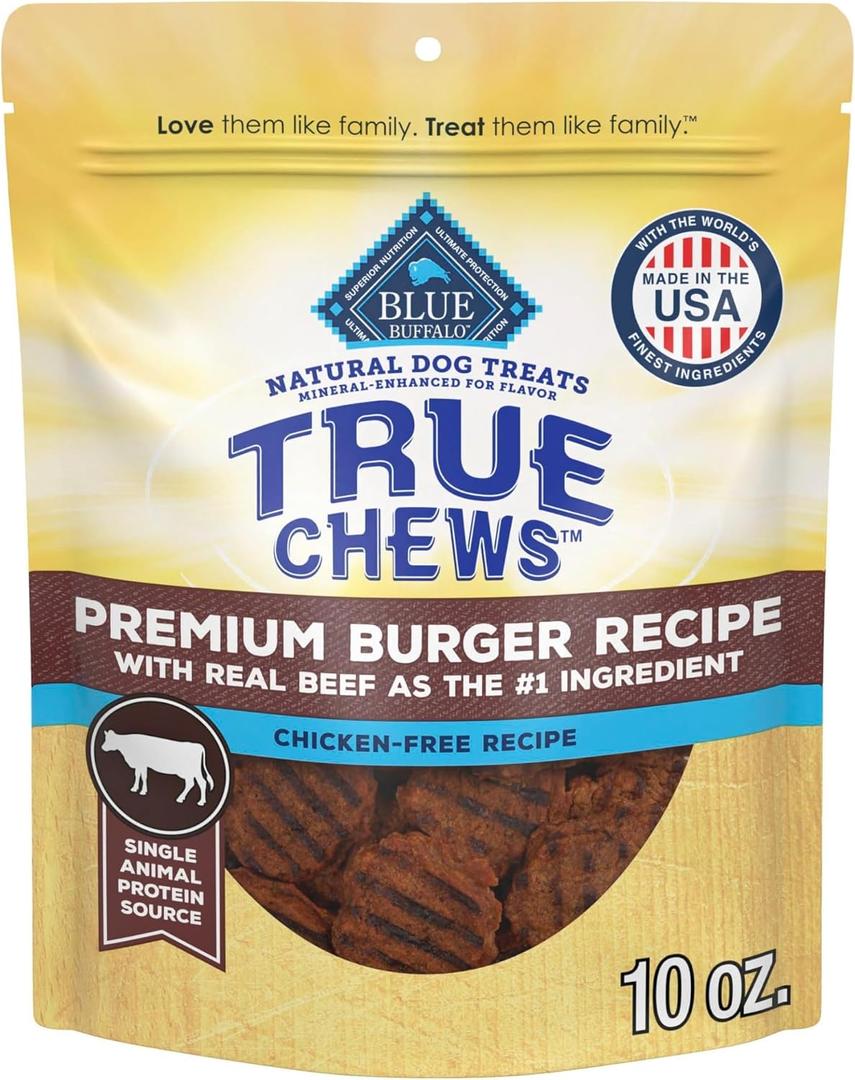 Blue Buffalo True Chews Dog Treats, Made in the USA with Natural Ingredients, Beef Burger Recipe, 10-oz Bag (EXP 07/19/26)