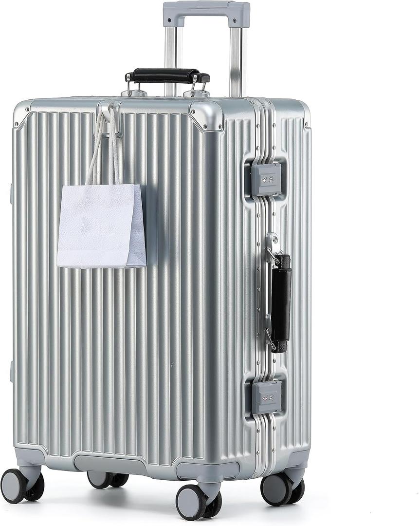 HotWay 26 Inch Checked Luggage with Leather Handle,Silver | Checked Luggage,Zipperless,Hardside,Leather Handle,8 Spinner Wheels,TSA Locks,For Long Trip,Silver