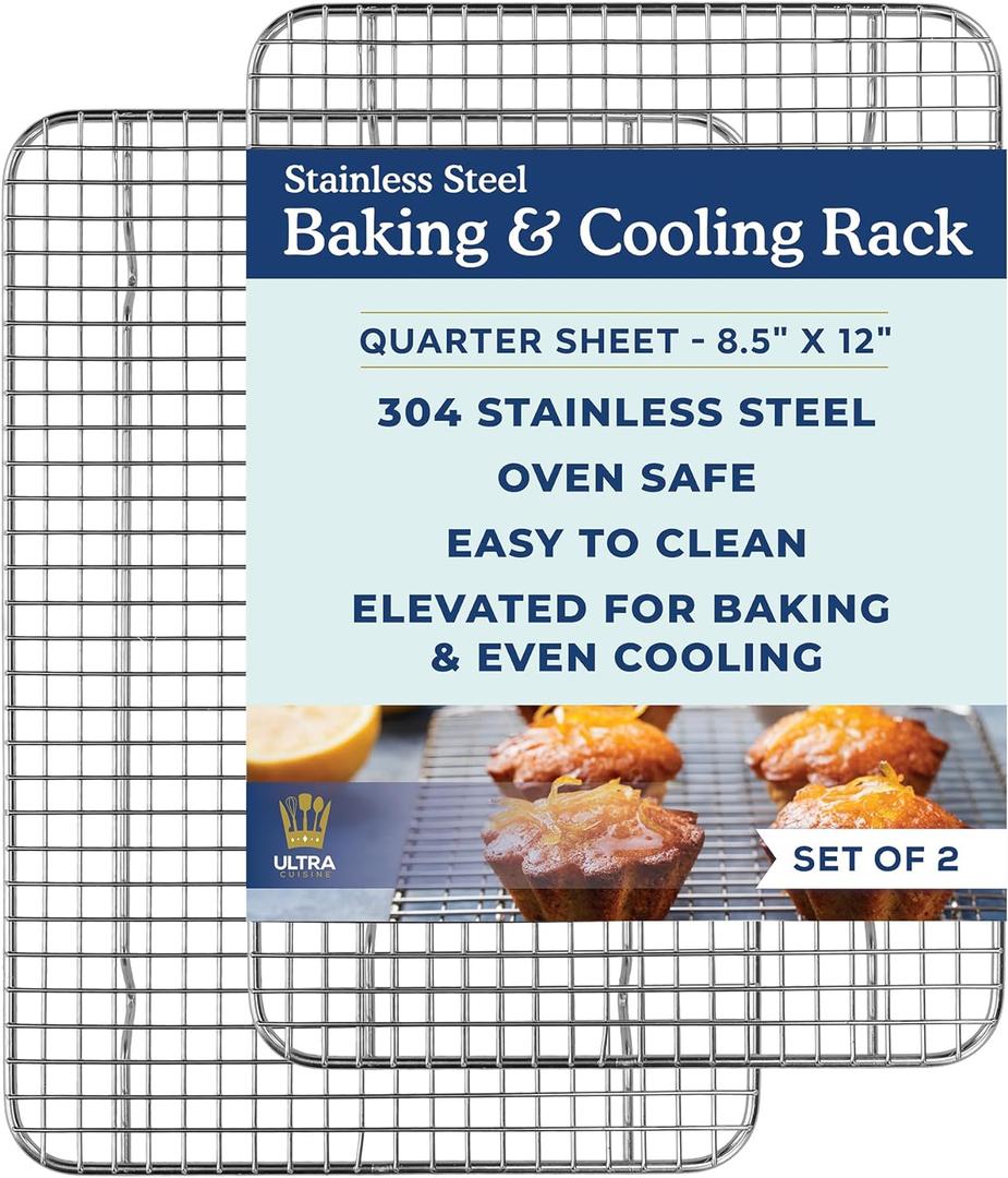 Oven-Safe, Dishwasher-Safe 100% Stainless Steel Cooling and Baking Rack Set - Tight-Wire Bake for Oven Cooking - Food-Safe, Heavy Duty - 8.5x12-inch - Set of 2 - Small Quarter Sheet Pan Cooling Racks (8.5" x 12" 2-Pack)