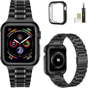 MioHHR Solid Stainless Steel Band Compatible with Apple Watch 44mm 42mm (Series 3/2/1), Metal Strap with Soft TPU Case for iWatch Series 6 5 4 3 2 1 SE SE2 SE3 Women and Men, Black