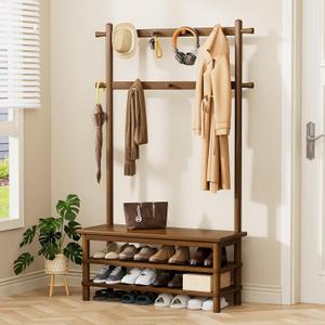 Hall Tree with Shoe Storage Bench, 3-in-1 Entryway Coat Rack with Bench, 11 Hooks, Freestanding Wooden Entryway Organizer for Mudroom, 35" Long